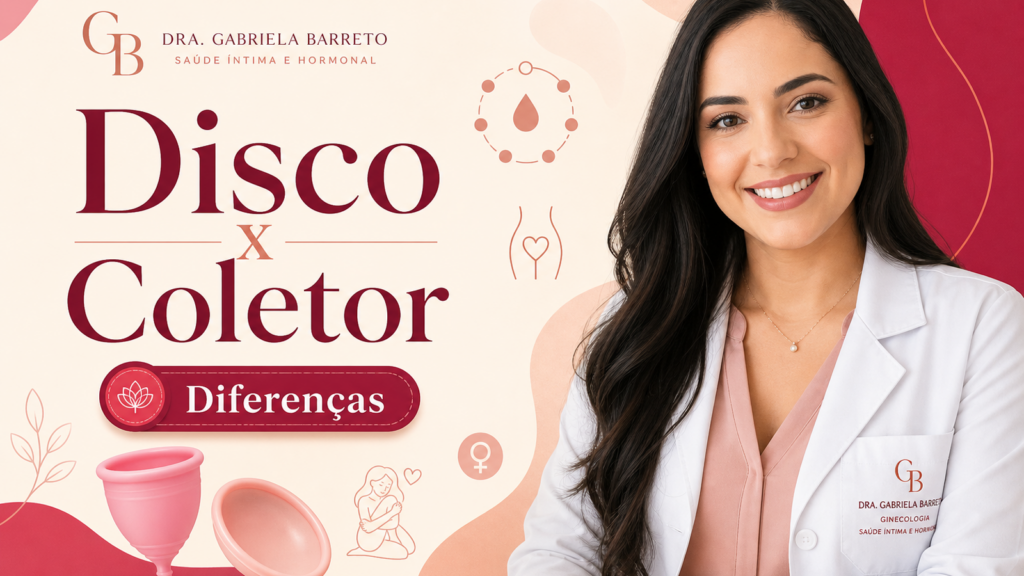 Capa do artigo Disco menstrual x coletor menstrual, com Dra. Gabriela e elementos de menstruação sustentável