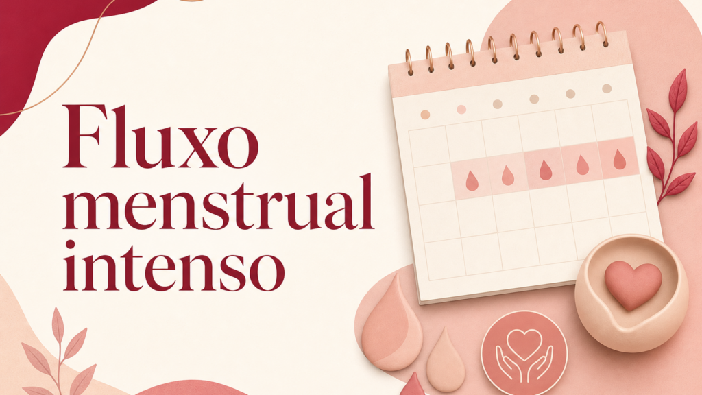 Capa editorial com o título Fluxo menstrual intenso em paleta vinho e rosé
