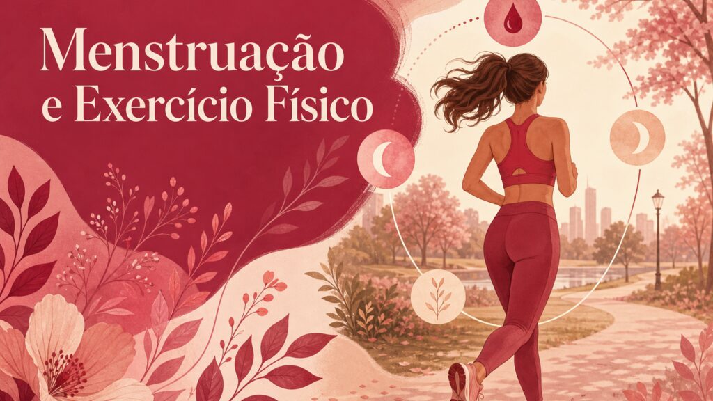 Mulher correndo em parque, título Menstruação e Exercício Físico