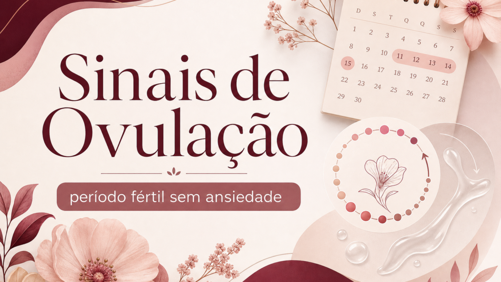 Capa em tons vinho e rosé sobre sinais de ovulação e período fértil sem ansiedade.